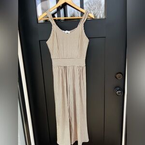 Women's Petite M Striped Jumpsuit Romper Cream Grey Chic Casual Sleeveless